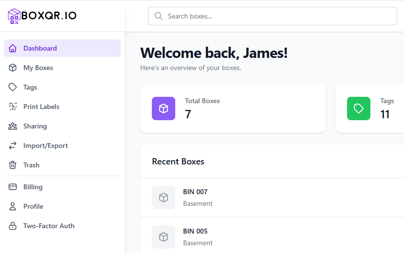QR code labels for storage bins example